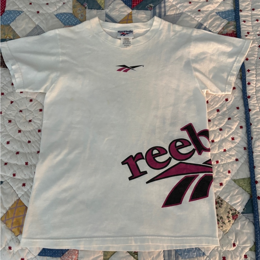 Vintage Reebok Youth T-Shirt White With Pink Reebok Logo Size Medium